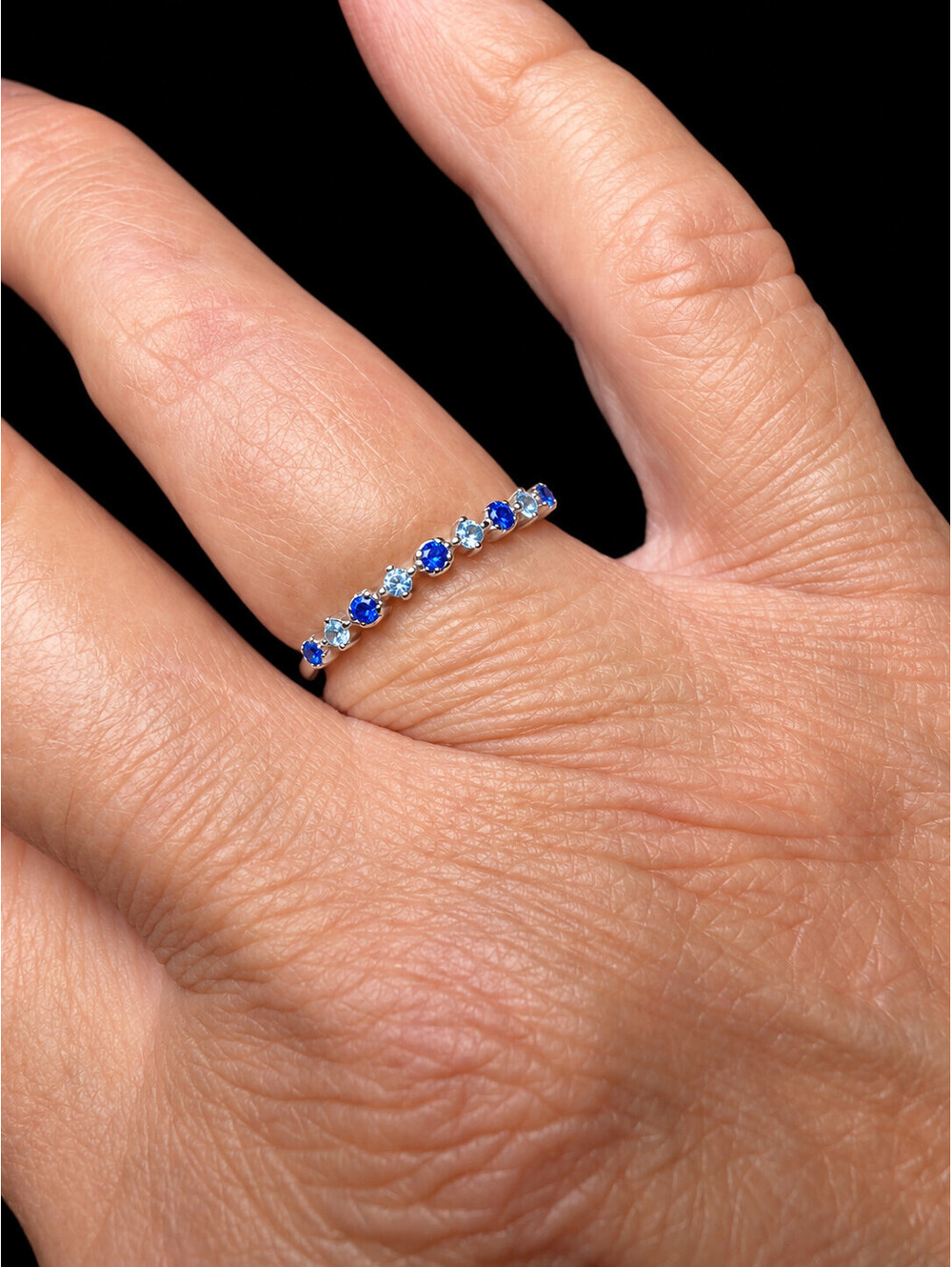 Italian 925 Sterling Silver Blue Stone Stackable Half Eternity Band Ring Size 10